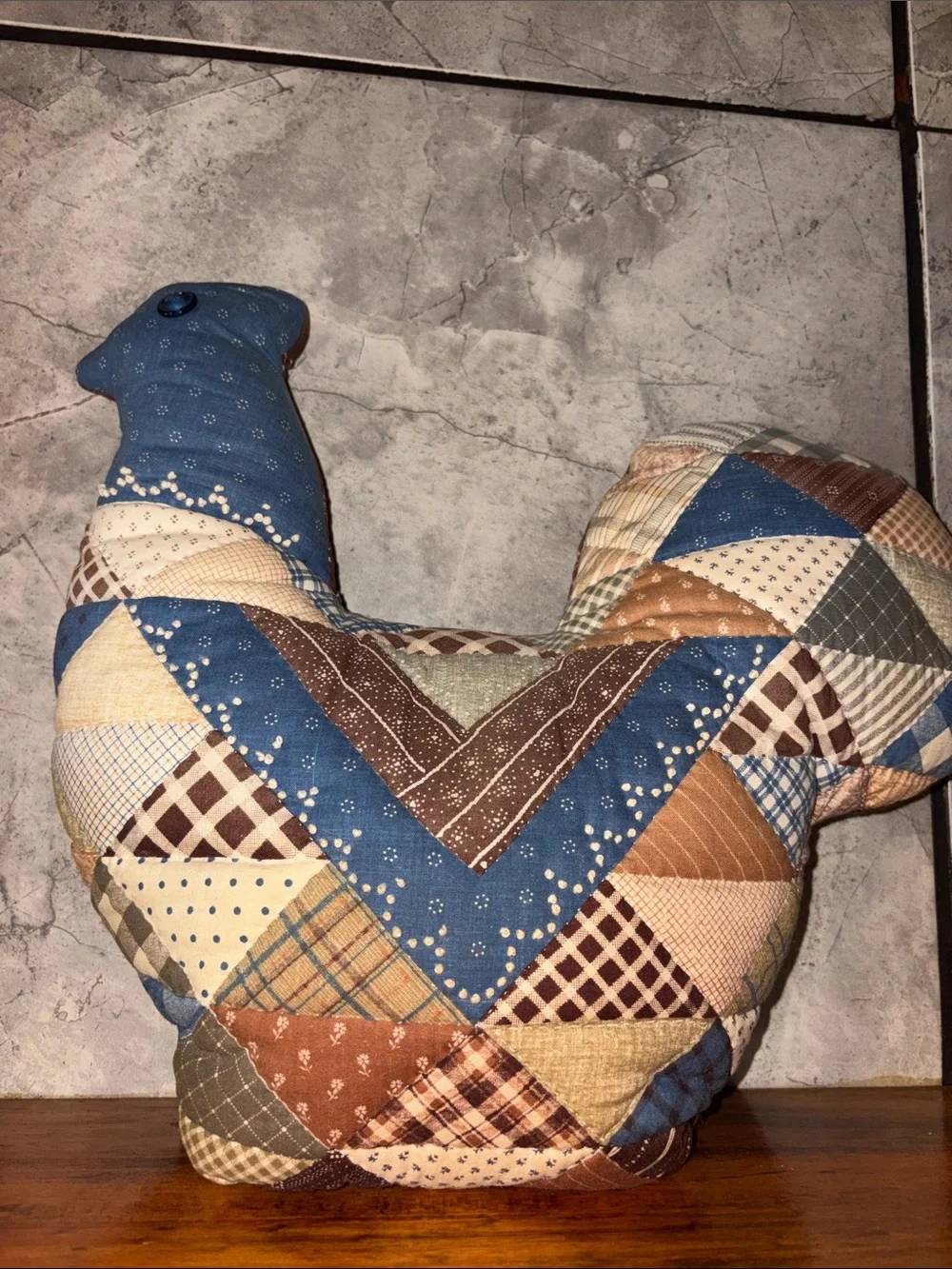 Vintage 90s Patchwork Quilted Chicken  Accent Pillow in Blue and Brown Handmade